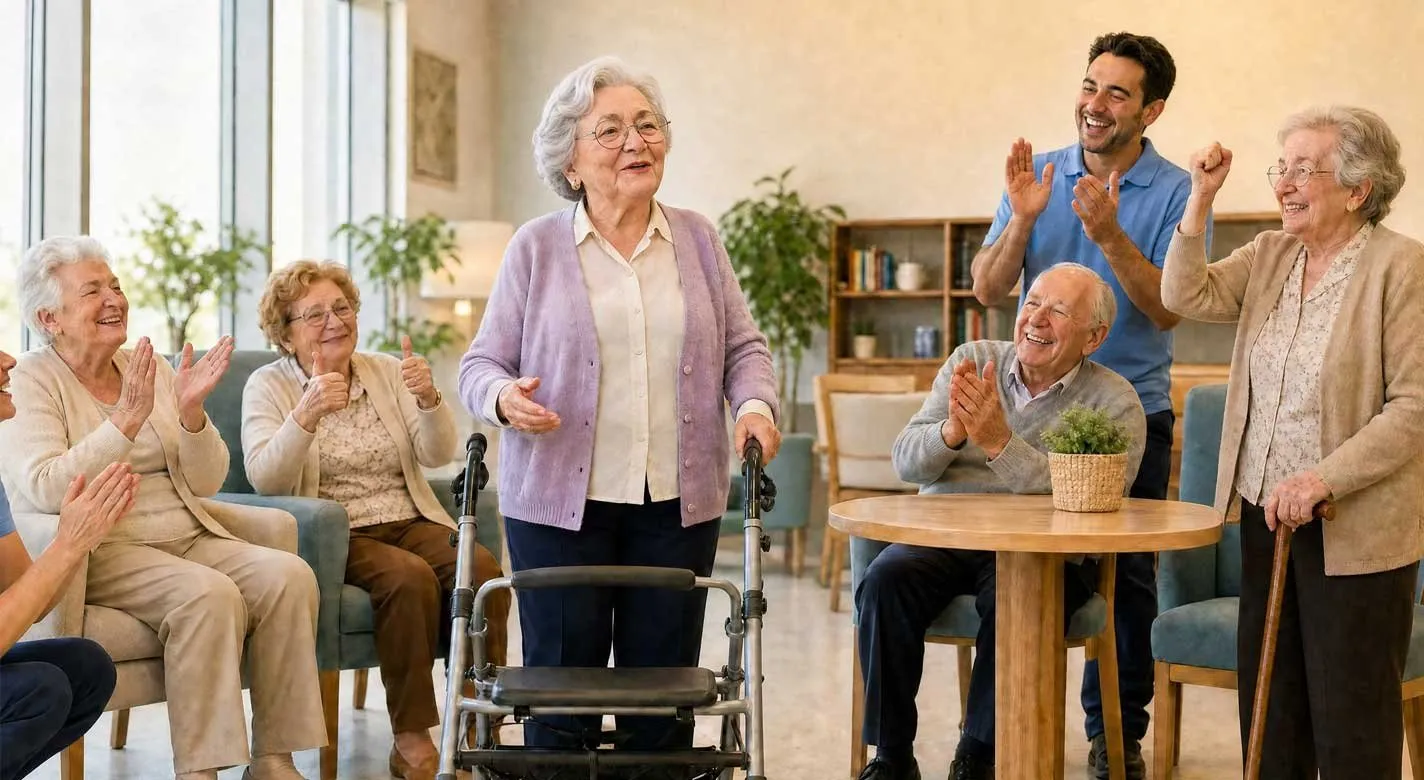 Residents of a care center clapping and cheering together with a caregiver