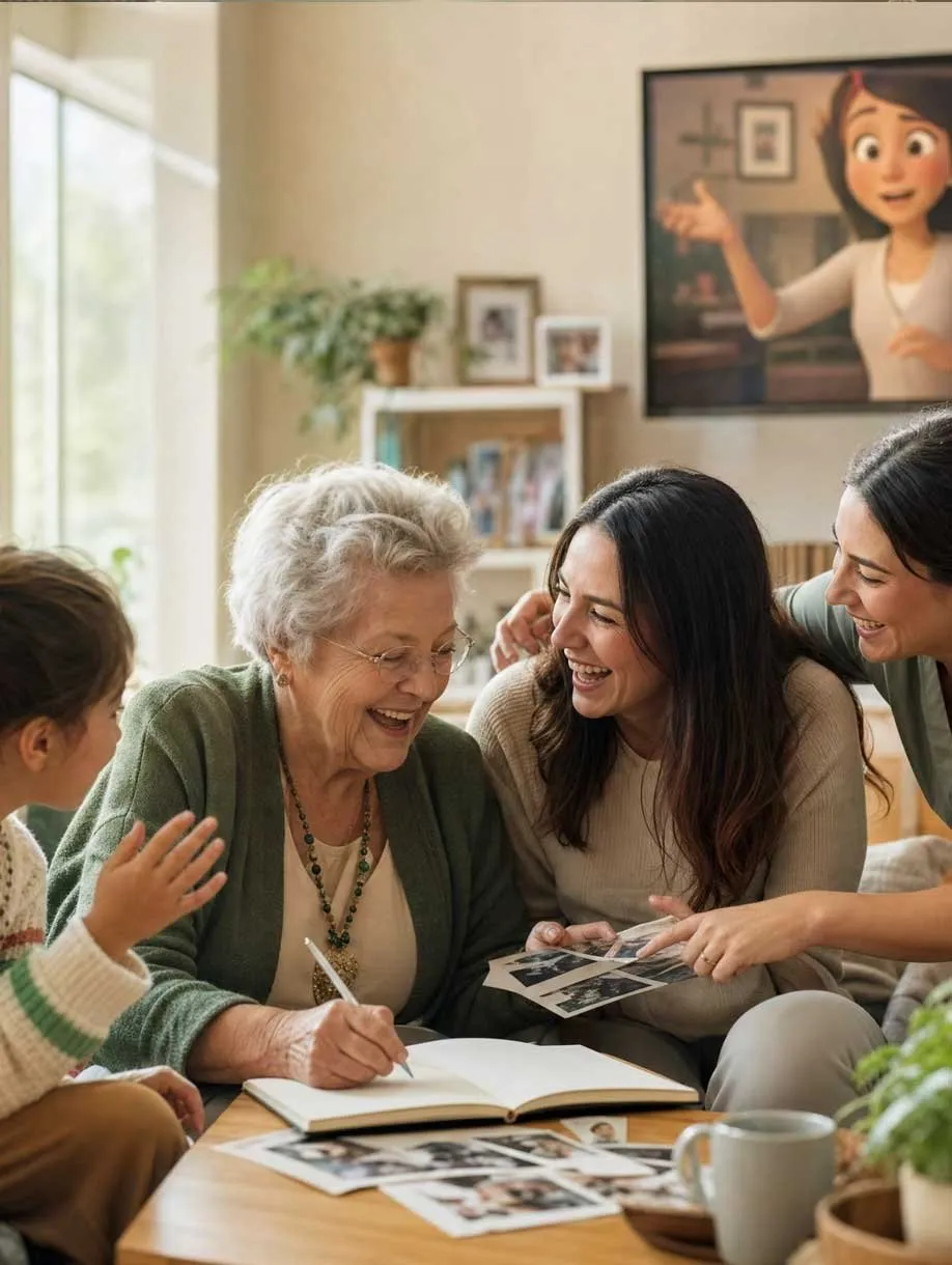 A grandmother laughing with her daughter and grandchild at home