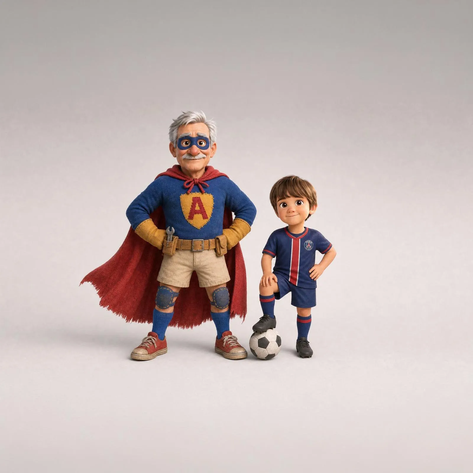 A grandfather avatar in a superhero cape and mask beside his grandson's avatar in a football kit