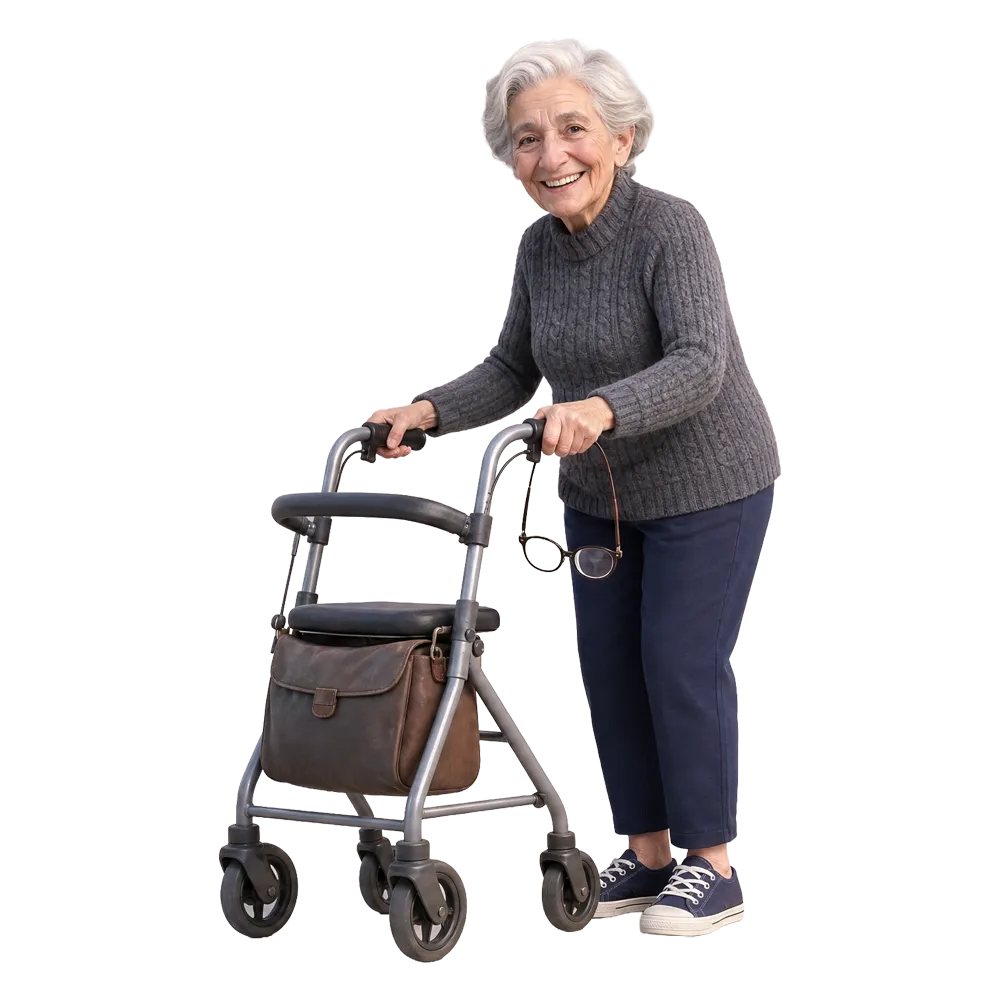 Smiling older woman standing with a rollator walker