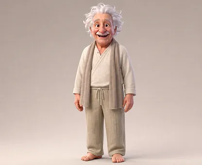 An animated avatar of an older man with wild white hair
