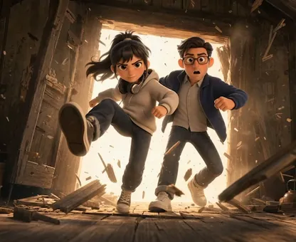 An animated girl and boy kicking open a barn door