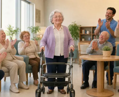 Residents and carers at a care center applauding a woman standing with her walker