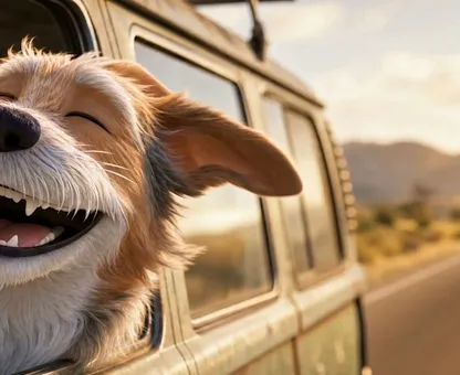 A scruffy dog grinning with its head out of a van window
