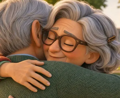 An animated grandmother and grandfather hugging at sunset