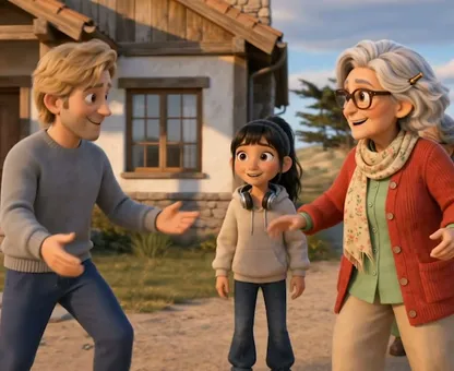 An animated grandmother dancing with her grandson outside a cottage