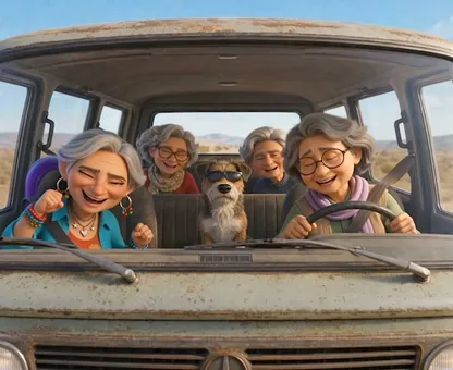 Four animated grandmothers and a dog singing along in an old van