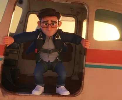 An animated man in glasses skydiving from a small plane