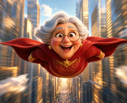 An animated grandmother in a red superhero cape flying between skyscrapers