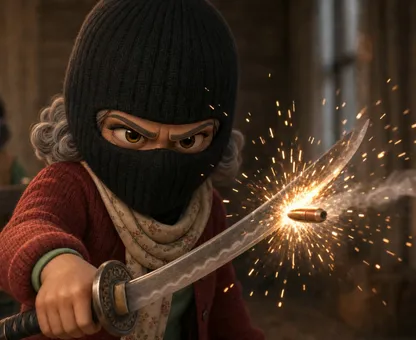 An animated grandmother in a balaclava deflecting a bullet with a sword