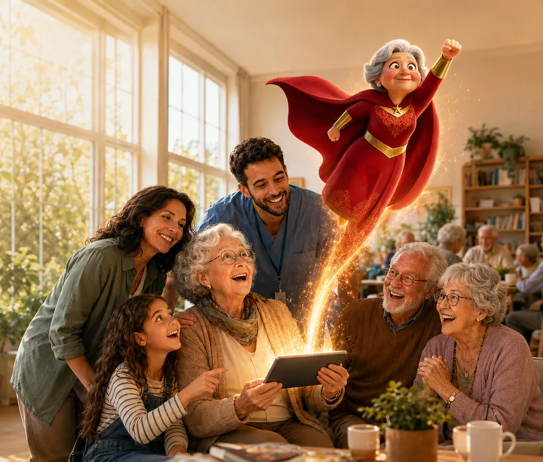 Family gathered around a tablet as a grandmother superhero avatar flies out of the screen