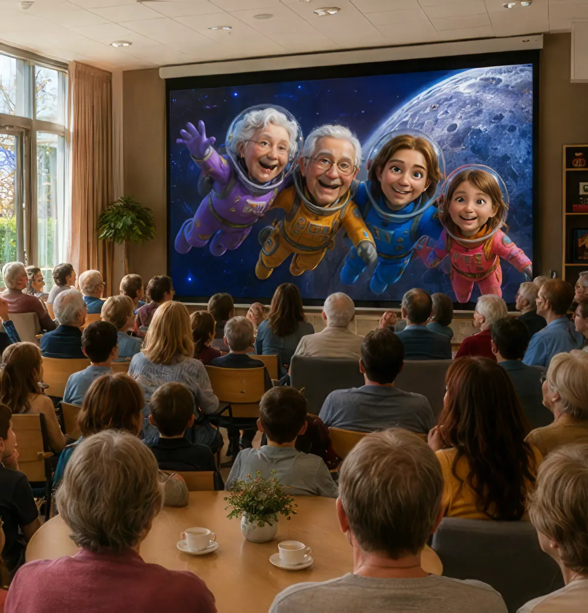 Audience at a care center watching a film of family avatars floating in space