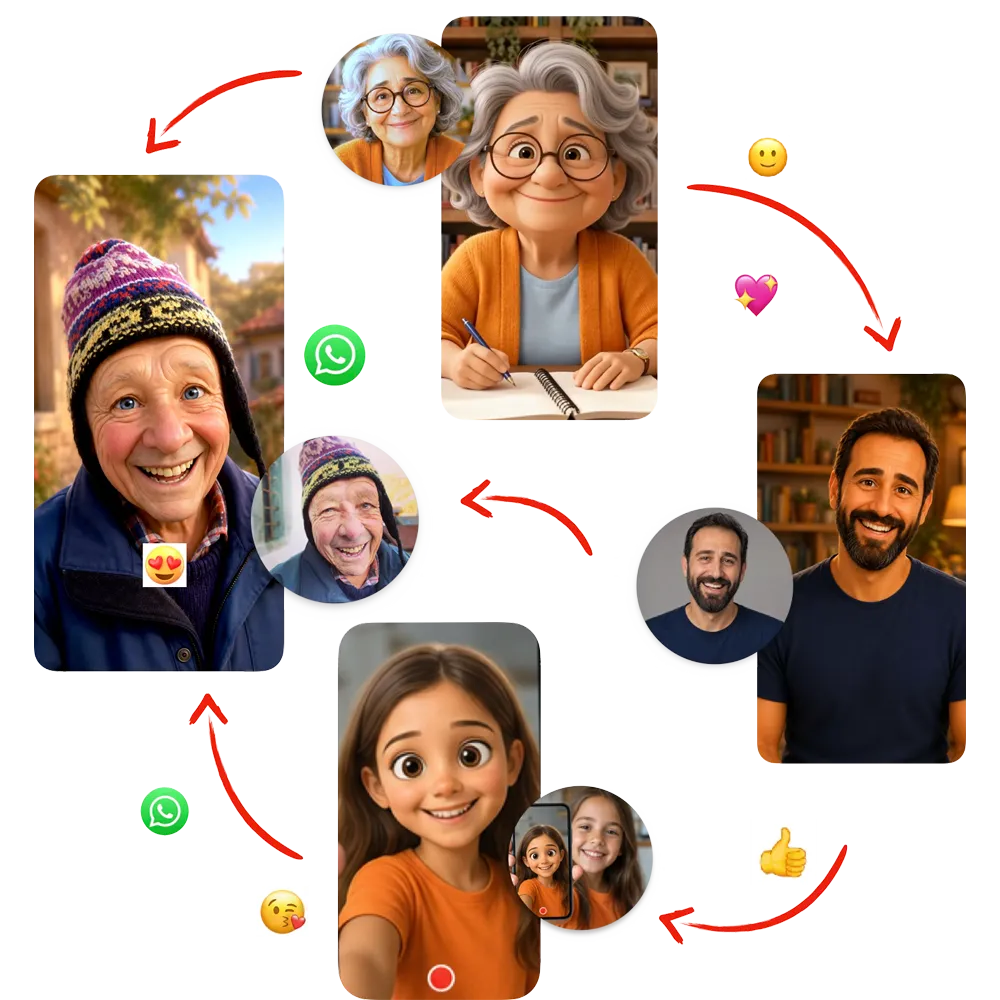 Family members' video selfies connected in a WhatsApp group around their grandparent