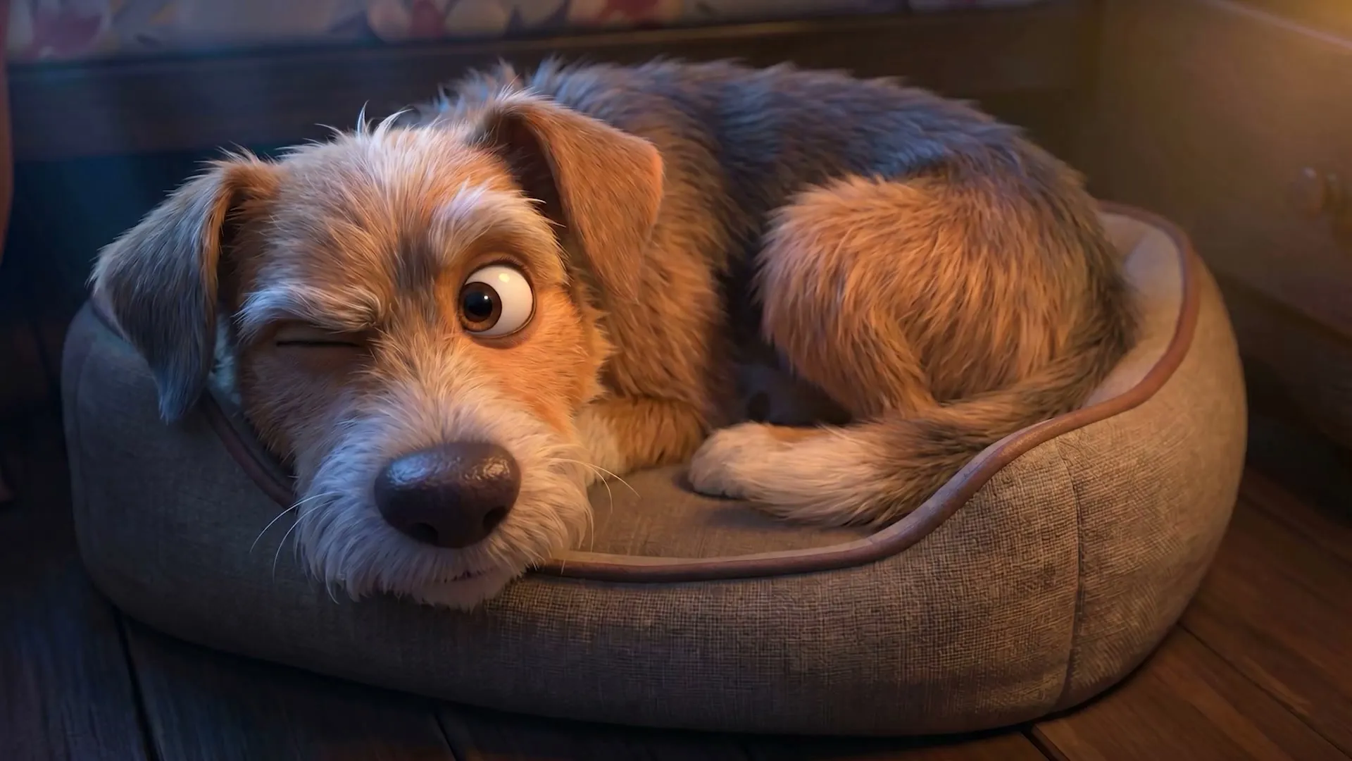 An animated scruffy dog winking from its basket